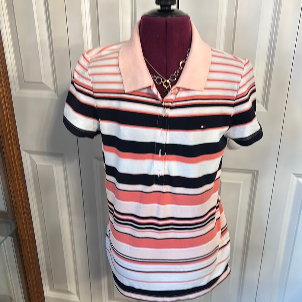 Tommy Hilfiger White and Pink Fitted Polo Shirt - Picture 1 of 1
